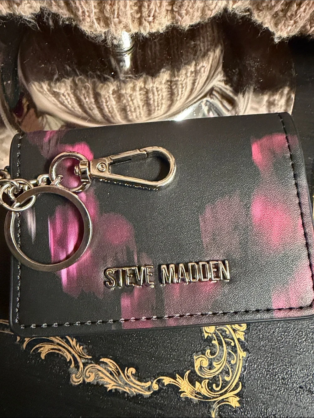 Steve Madden Black and Pink Key Pouch with Logo Detail